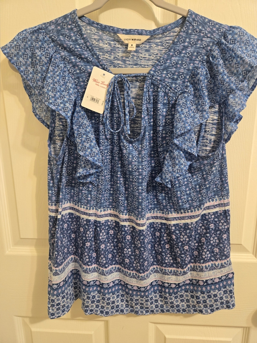 Lucky Brand Blue Printed Ruffle Tie-Front Blouse